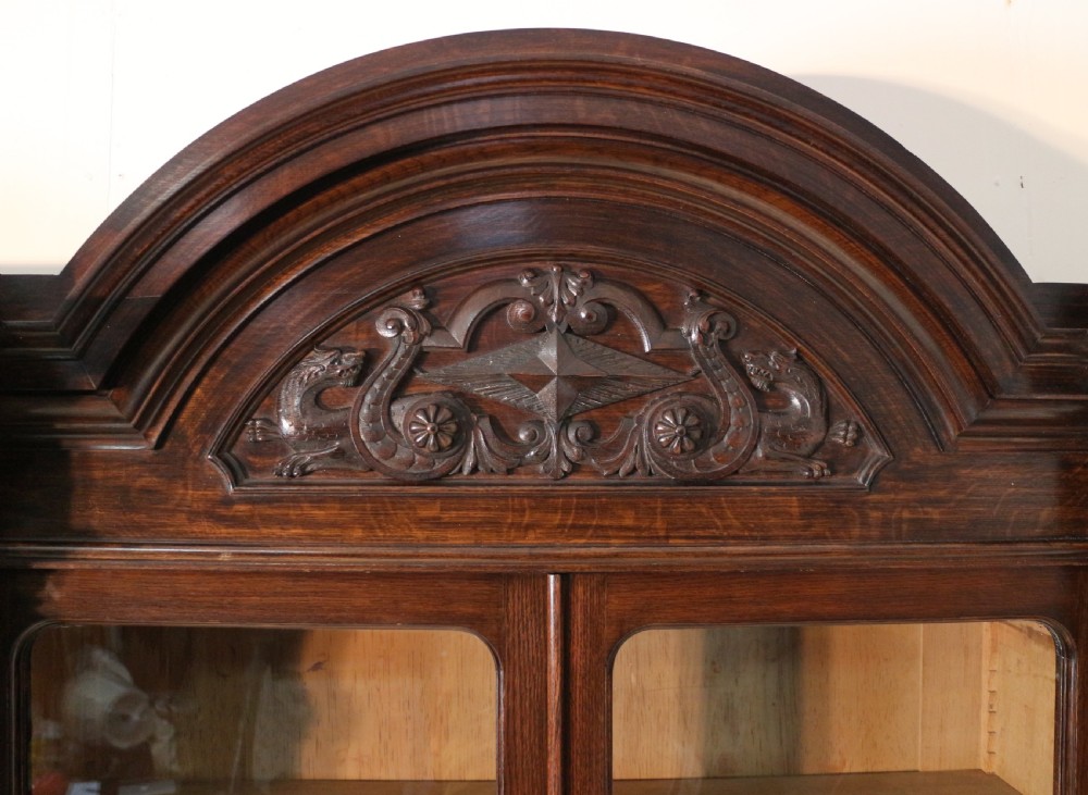 Large Victorian Carved Oak Elizabethan Revival Breakfront Bookcase by Wylie & Lochhead View VII