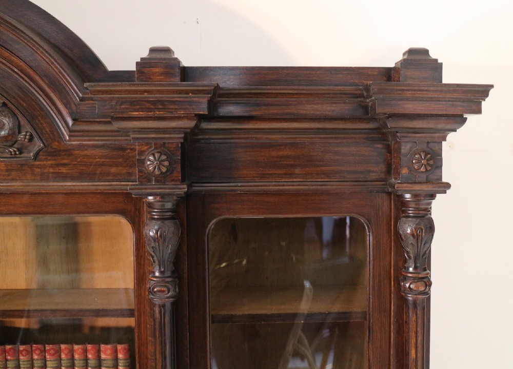 Large Victorian Carved Oak Elizabethan Revival Breakfront Bookcase by Wylie & Lochhead View VIII