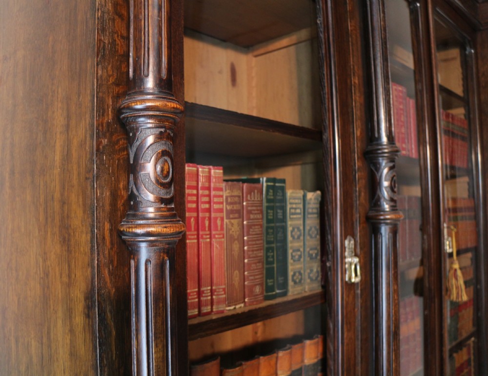 Large Victorian Carved Oak Elizabethan Revival Breakfront Bookcase by Wylie & Lochhead View IX