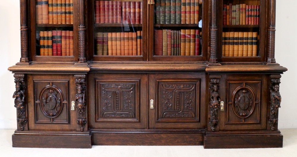Large Victorian Carved Oak Elizabethan Revival Breakfront Bookcase by Wylie & Lochhead View XIII