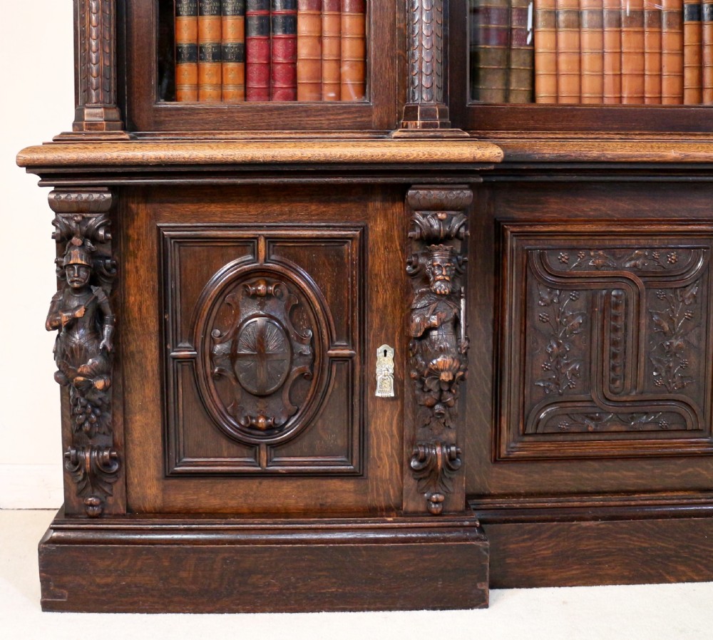 Large Victorian Carved Oak Elizabethan Revival Breakfront Bookcase by Wylie & Lochhead View XIV