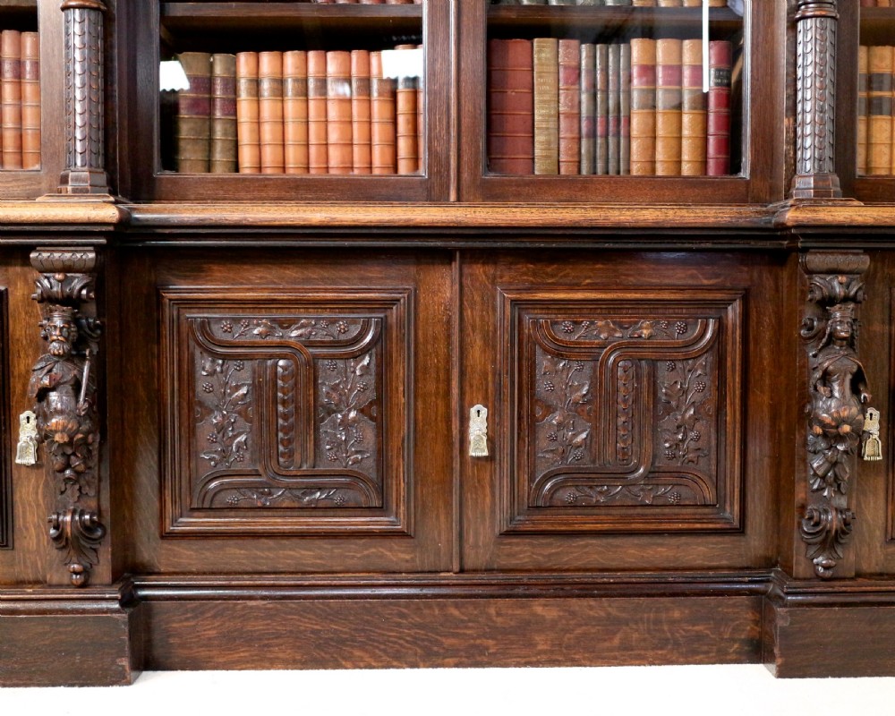 Large Victorian Carved Oak Elizabethan Revival Breakfront Bookcase by Wylie & Lochhead View XV