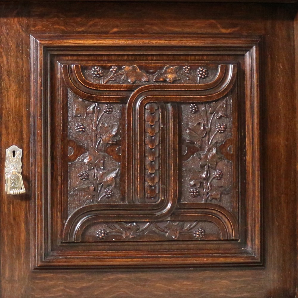 Large Victorian Carved Oak Elizabethan Revival Breakfront Bookcase by Wylie & Lochhead View XVI