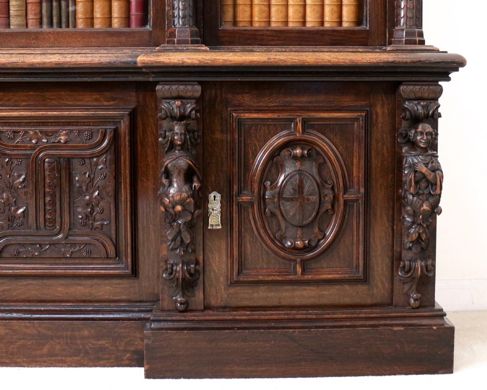 Large Victorian Carved Oak Elizabethan Revival Breakfront Bookcase by Wylie & Lochhead View XVII