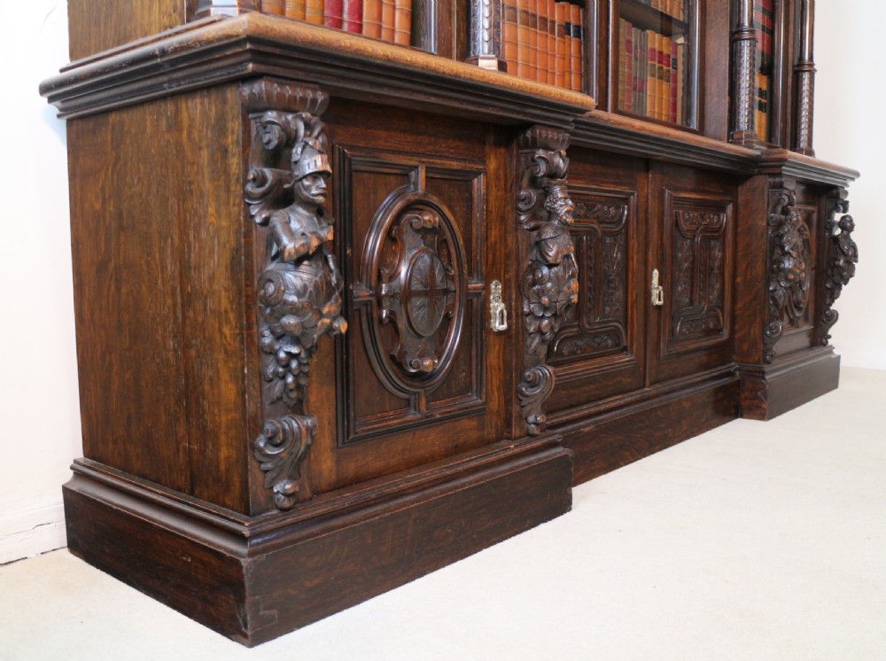 Large Victorian Carved Oak Elizabethan Revival Breakfront Bookcase by Wylie & Lochhead View XVIII