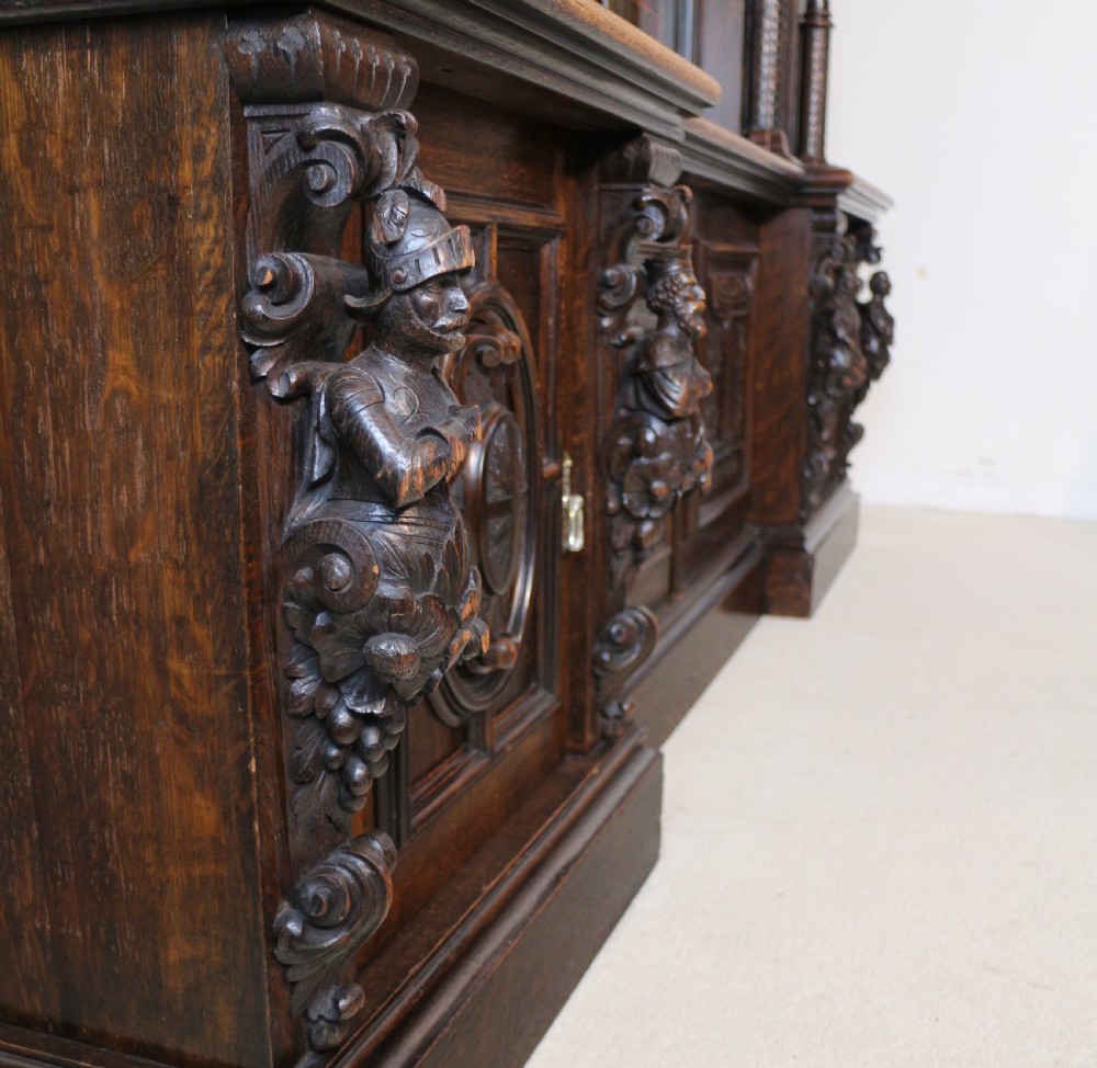 Large Victorian Carved Oak Elizabethan Revival Breakfront Bookcase by Wylie & Lochhead View XIX