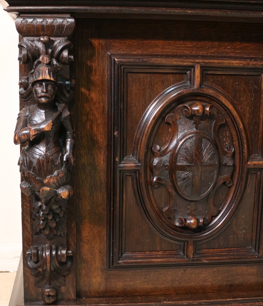 Large Victorian Carved Oak Elizabethan Revival Breakfront Bookcase by Wylie & Lochhead View XXI