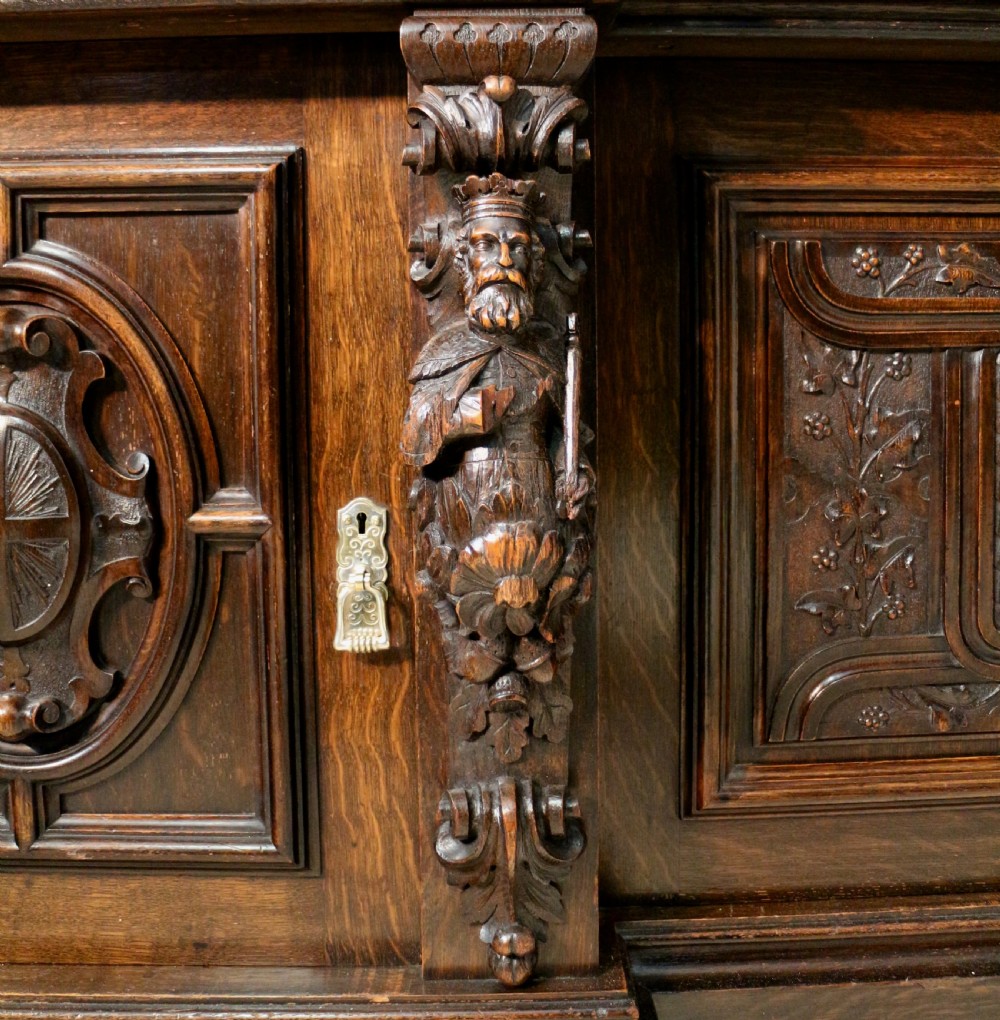 Large Victorian Carved Oak Elizabethan Revival Breakfront Bookcase by Wylie & Lochhead View XXII