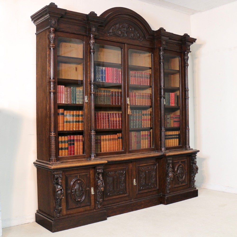 Large Victorian Carved Oak Elizabethan Revival Breakfront Bookcase by Wylie & Lochhead View XXV