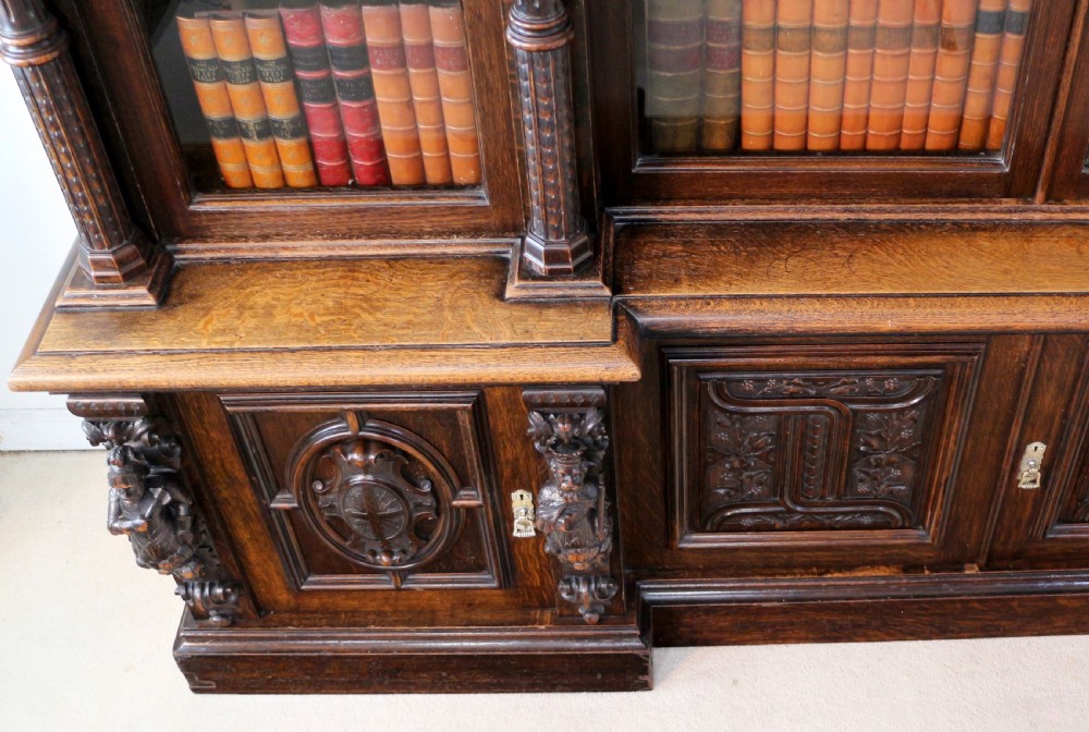 Large Victorian Carved Oak Elizabethan Revival Breakfront Bookcase by Wylie & Lochhead View XXVII