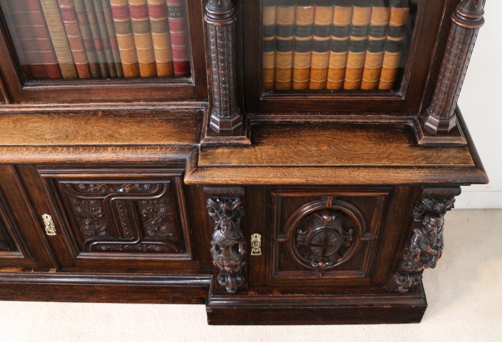 Large Victorian Carved Oak Elizabethan Revival Breakfront Bookcase by Wylie & Lochhead View XXVIII