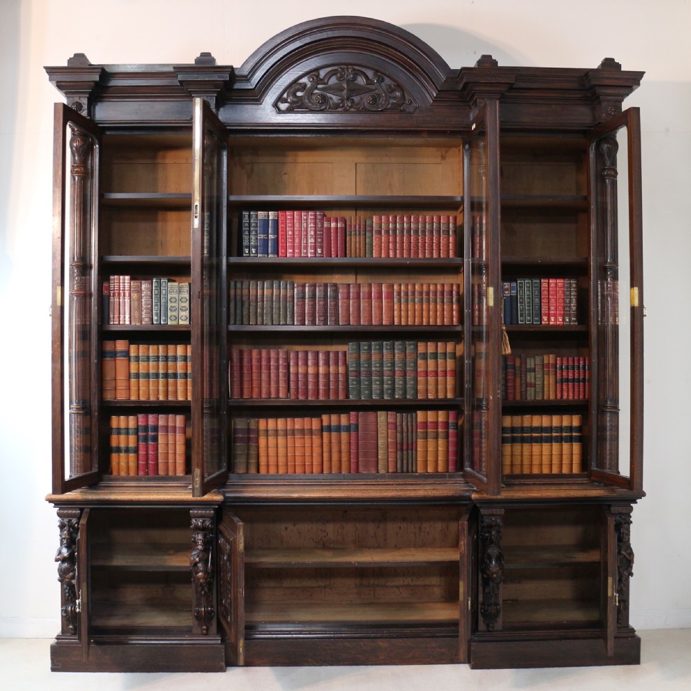 Large Victorian Carved Oak Elizabethan Revival Breakfront Bookcase by Wylie & Lochhead View XXIX