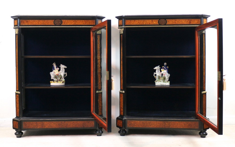 Pair of Victorian Gilt Metal Mounted, Ebonised and Amboyna Inlaid Pier Display Cabinets View XXII