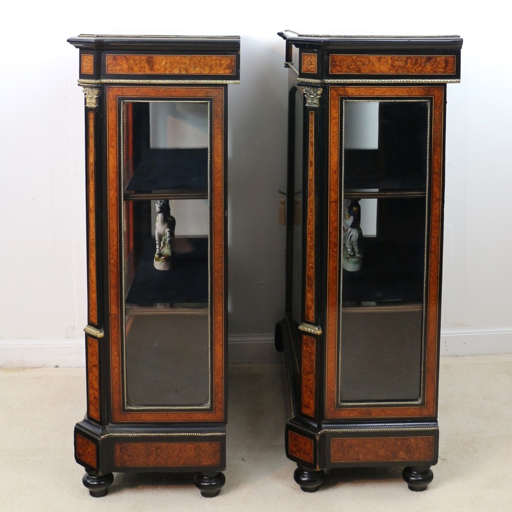 Pair of Victorian Gilt Metal Mounted, Ebonised and Amboyna Inlaid Pier Display Cabinets View VI
