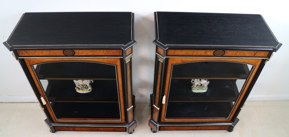 Pair of Victorian Gilt Metal Mounted, Ebonised and Amboyna Inlaid Pier Display Cabinets View V