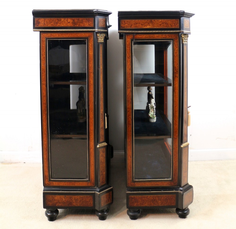 Pair of Victorian Gilt Metal Mounted, Ebonised and Amboyna Inlaid Pier Display Cabinets View VII
