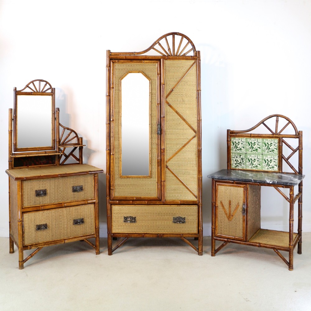 Victorian 'Japanese Style' Bamboo & Rattan Bedroom Suite with Wardrobe, Dressing Table & Washstand