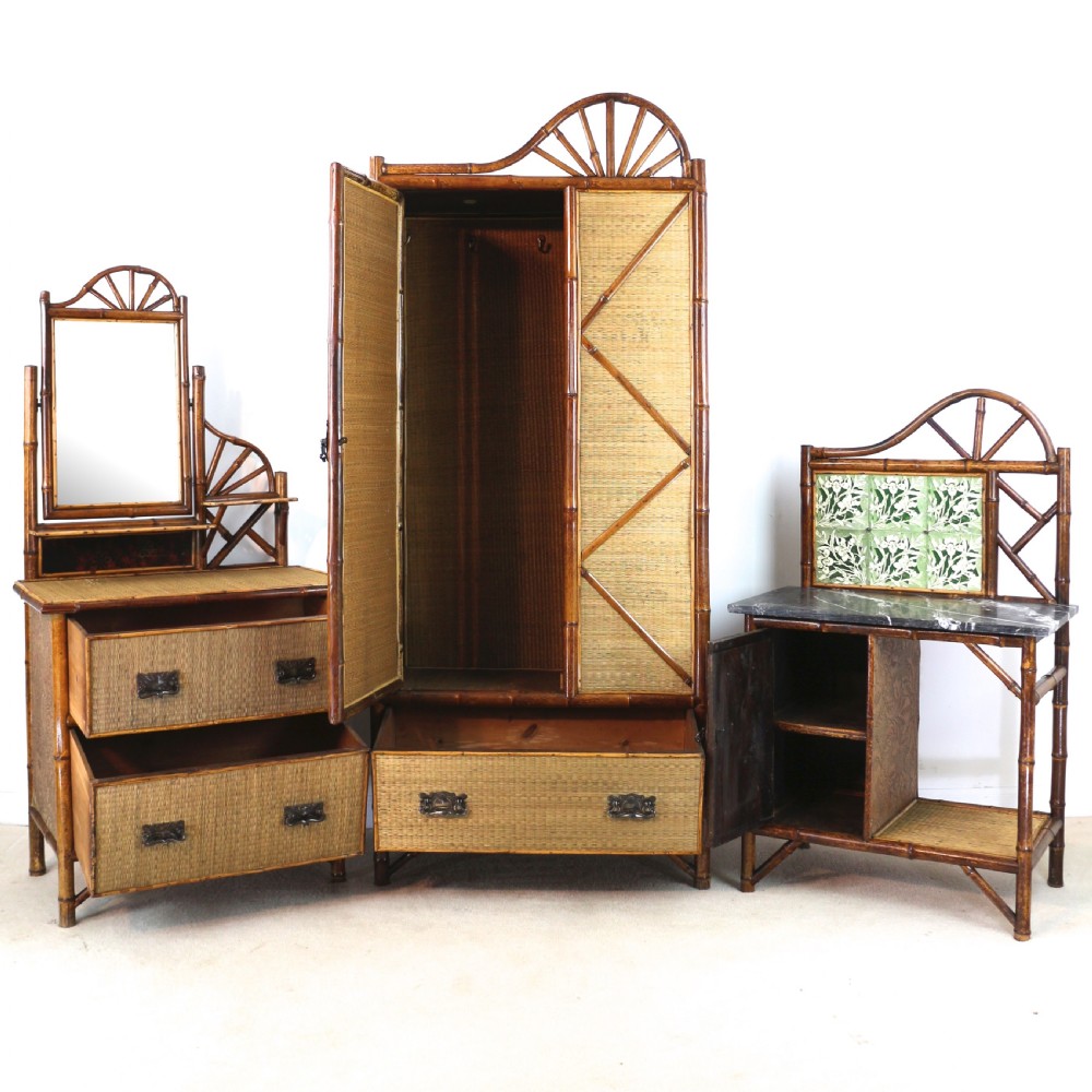 Victorian 'Japanese Style' Bamboo & Rattan Bedroom Suite with Wardrobe, Dressing Table & Washstand View II