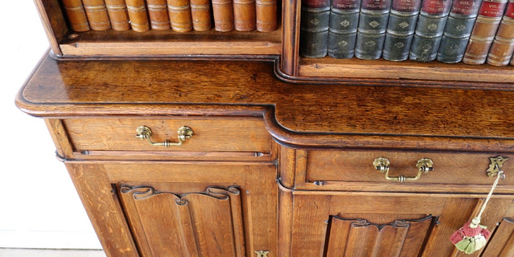 A large Victorian Gothic oak breakfront bookcase featuring open upper shelves filled with books and carved lower cupboard doors. View XIII