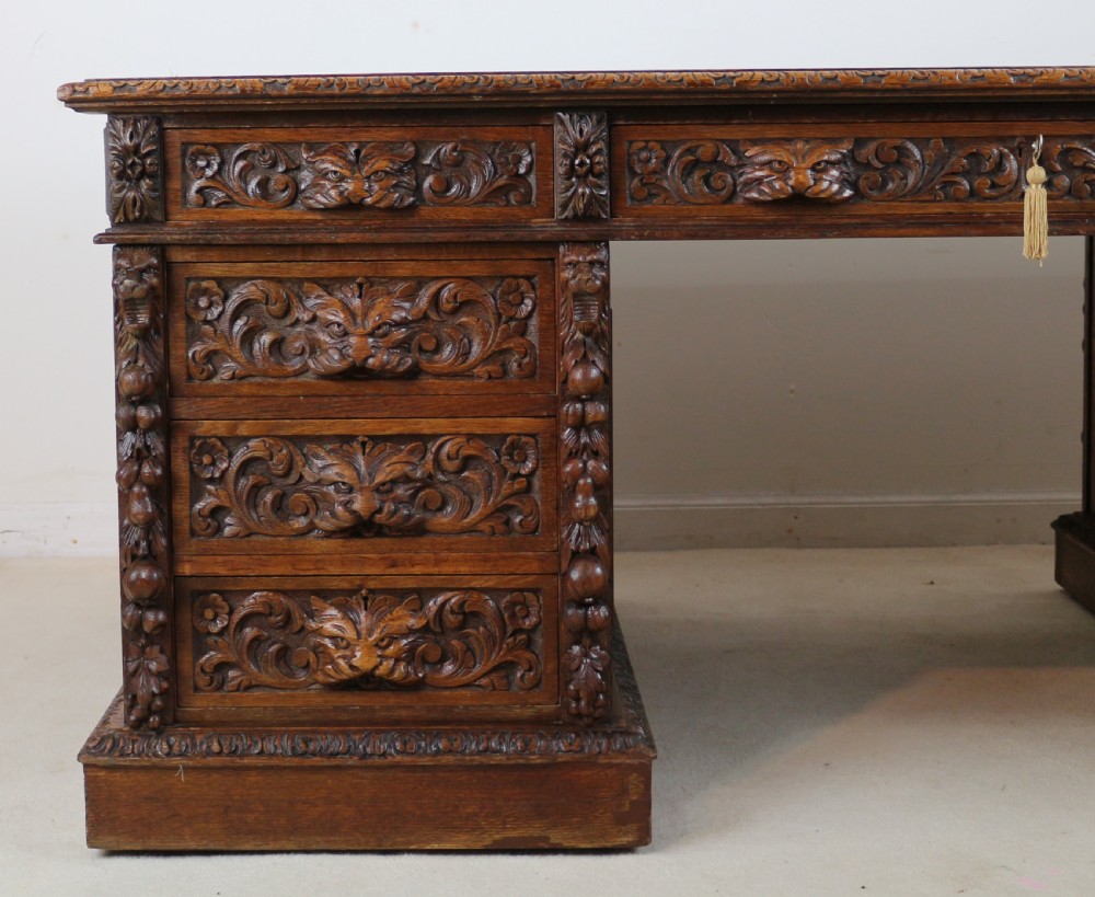English Victorian Carved Oak Partners Desk attributed to Edwards & Roberts View IV