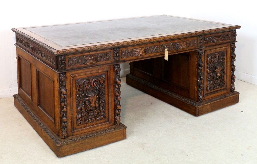 English Victorian Carved Oak Partners Desk attributed to Edwards & Roberts View VII