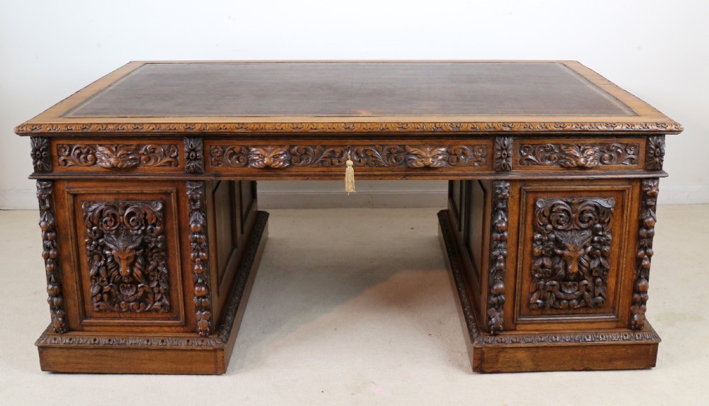 English Victorian Carved Oak Partners Desk attributed to Edwards & Roberts View VIII