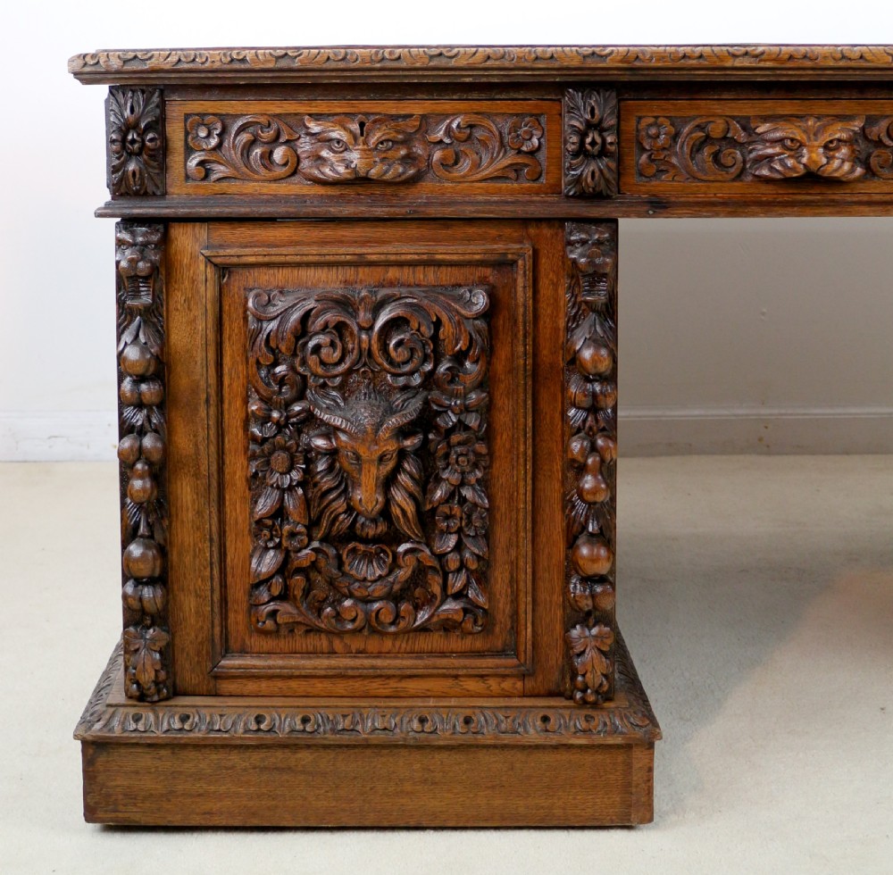 English Victorian Carved Oak Partners Desk attributed to Edwards & Roberts View IX