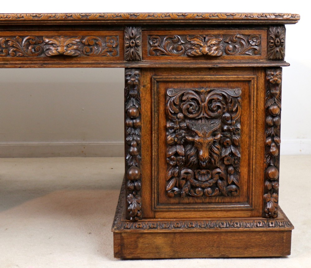 English Victorian Carved Oak Partners Desk attributed to Edwards & Roberts View X