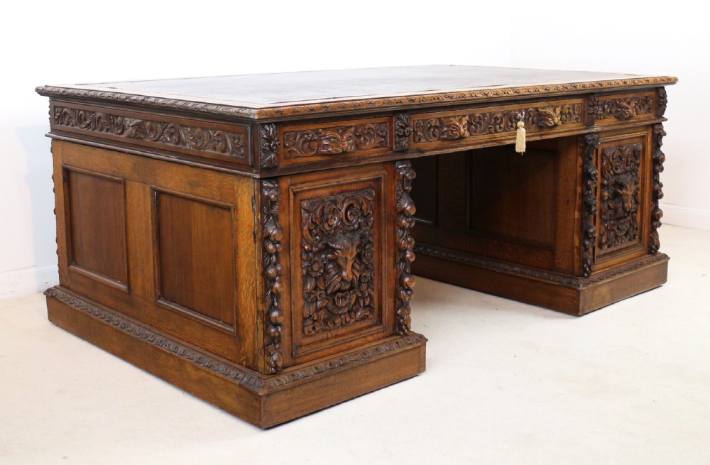 English Victorian Carved Oak Partners Desk attributed to Edwards & Roberts View XI
