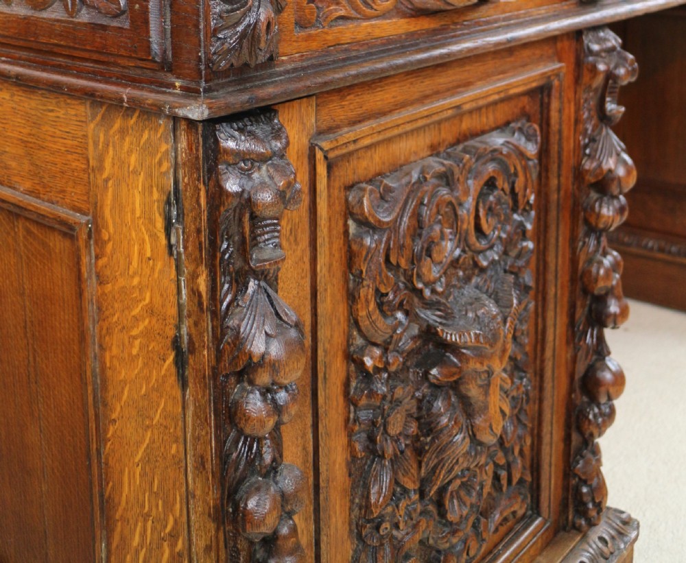 English Victorian Carved Oak Partners Desk attributed to Edwards & Roberts View XIII