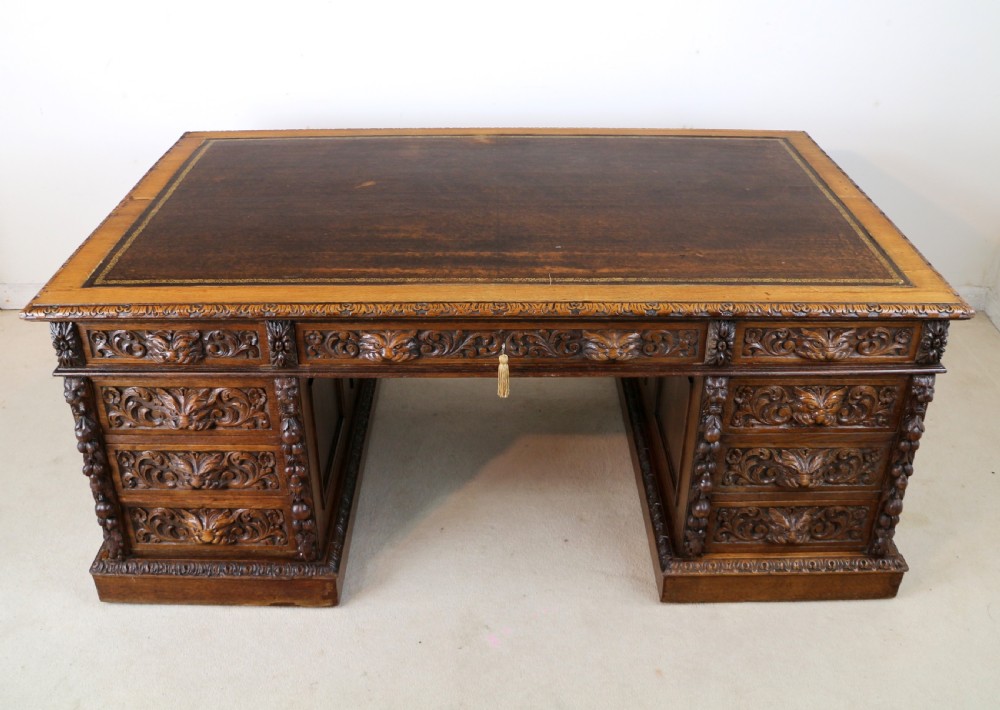 English Victorian Carved Oak Partners Desk attributed to Edwards & Roberts View XV