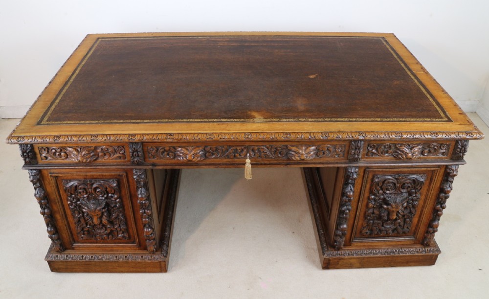 English Victorian Carved Oak Partners Desk attributed to Edwards & Roberts View XVI