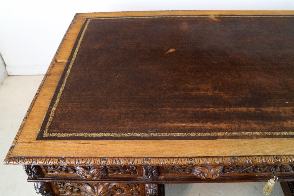English Victorian Carved Oak Partners Desk attributed to Edwards & Roberts View XVII