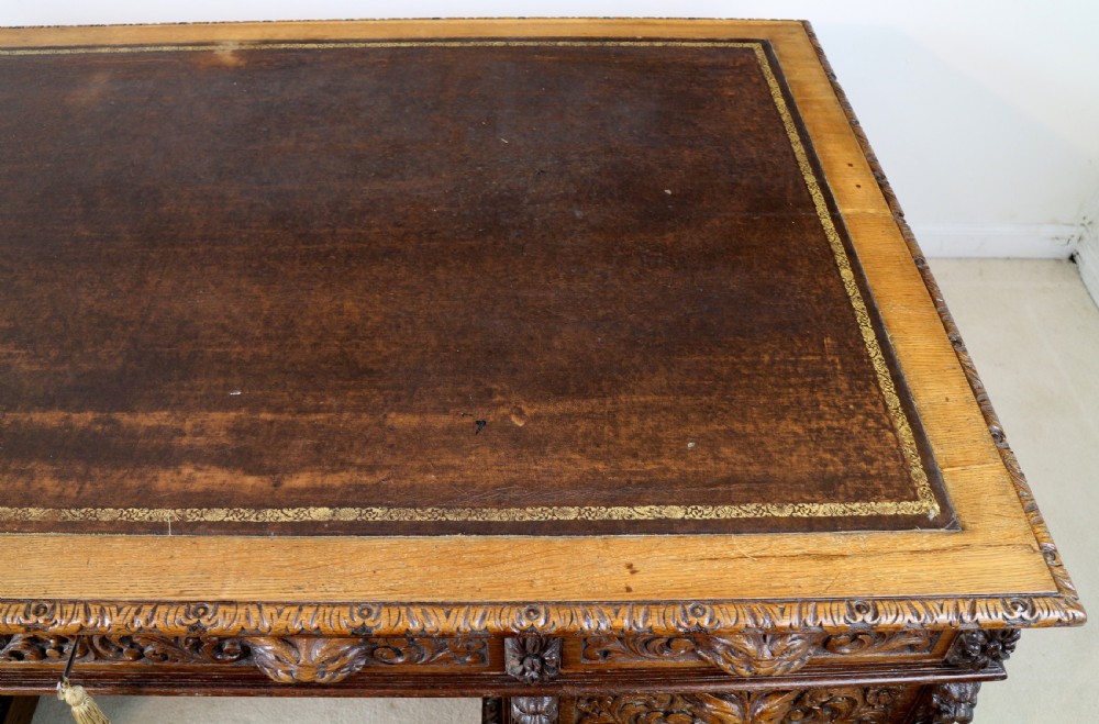 English Victorian Carved Oak Partners Desk attributed to Edwards & Roberts View XVIII