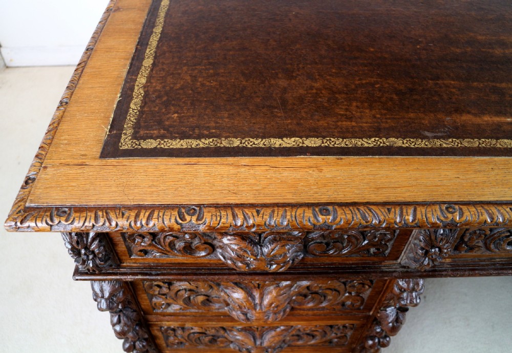 English Victorian Carved Oak Partners Desk attributed to Edwards & Roberts View XIX