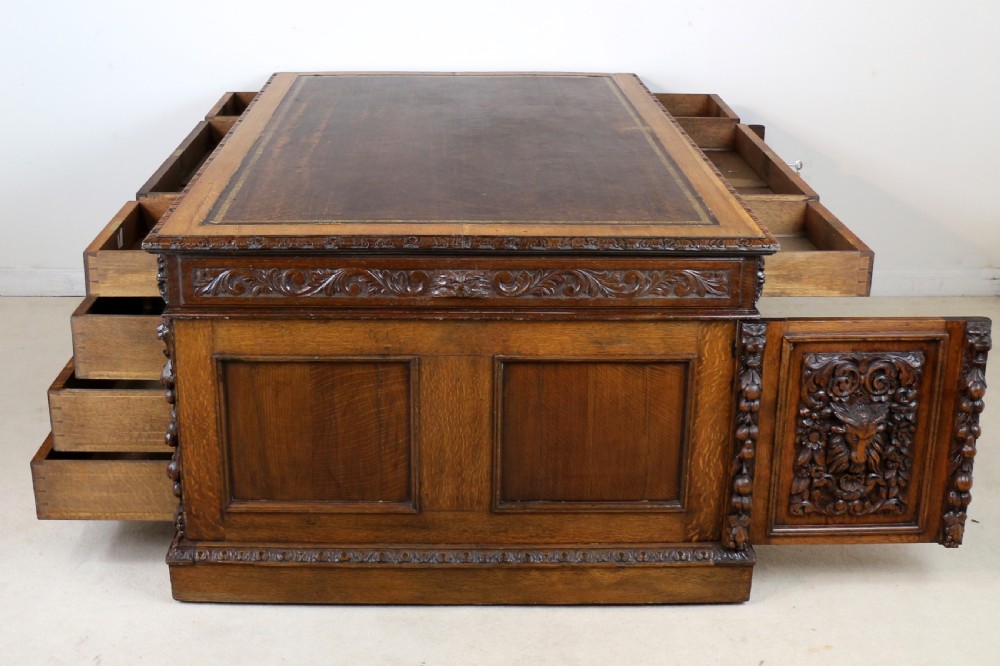 English Victorian Carved Oak Partners Desk attributed to Edwards & Roberts View XXI