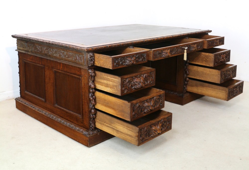English Victorian Carved Oak Partners Desk attributed to Edwards & Roberts View XXII