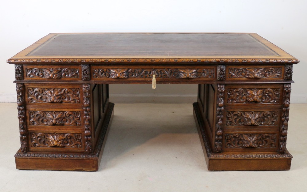 English Victorian Carved Oak Partners Desk attributed to Edwards & Roberts View XXIV