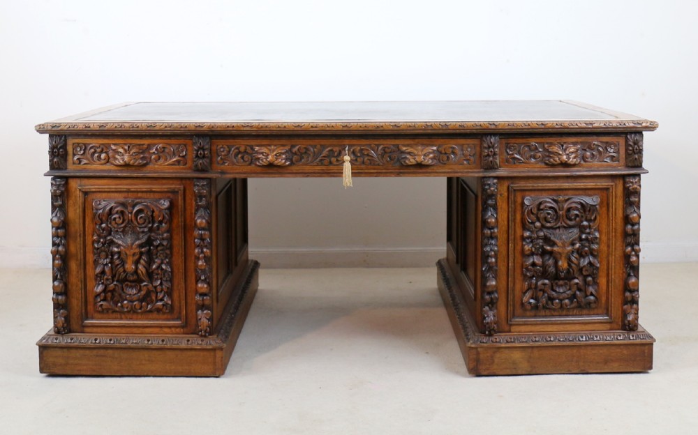 English Victorian Carved Oak Partners Desk attributed to Edwards & Roberts View XXV
