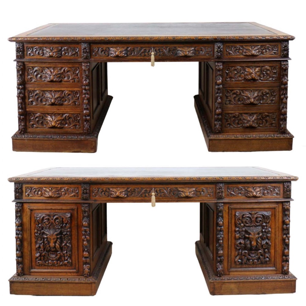 English Victorian Carved Oak Partners Desk attributed to Edwards & Roberts View XXVI