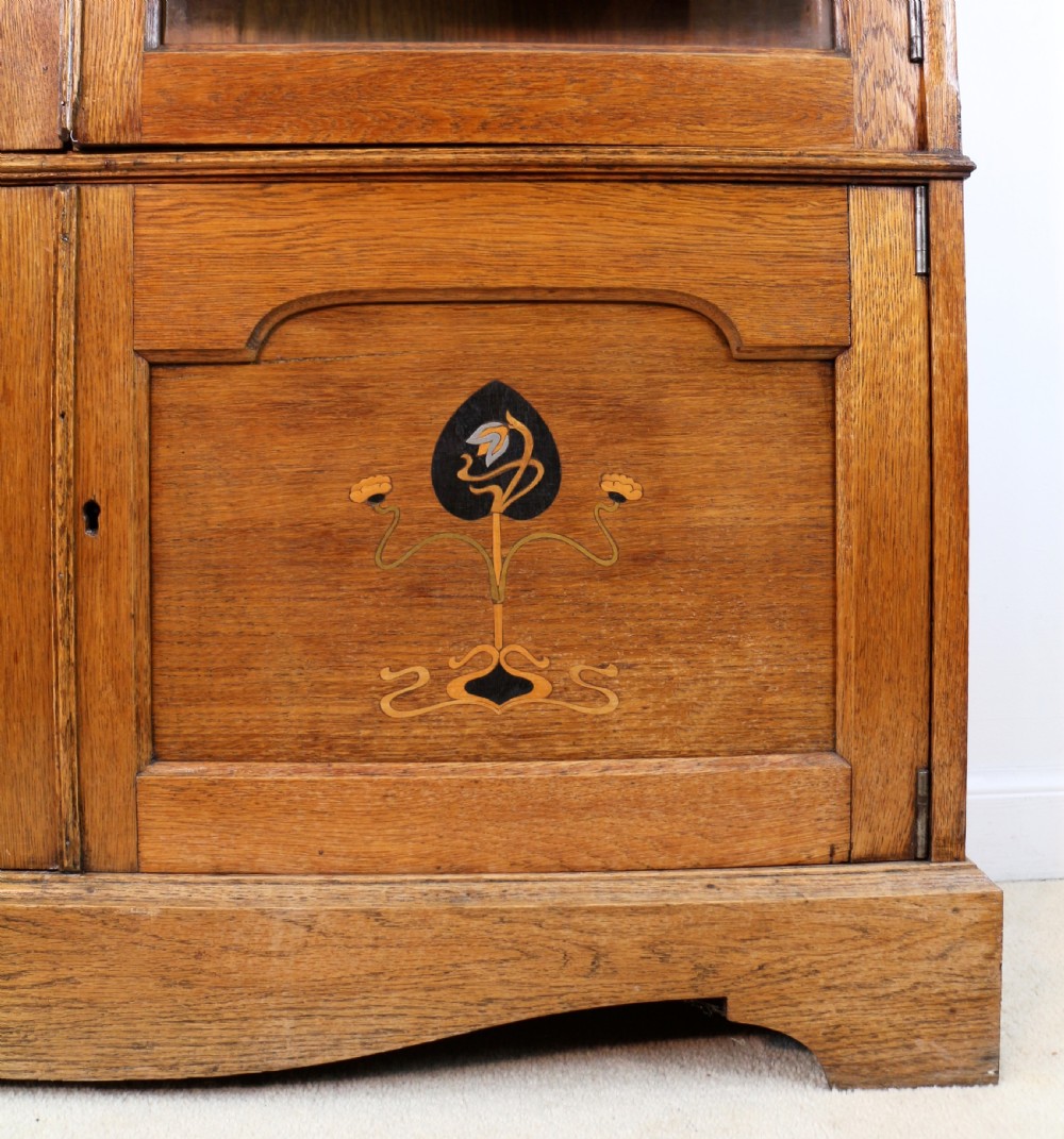 Arts & Crafts Oak Glazed Bookcase with Pewter & Ebonised Inlays View V