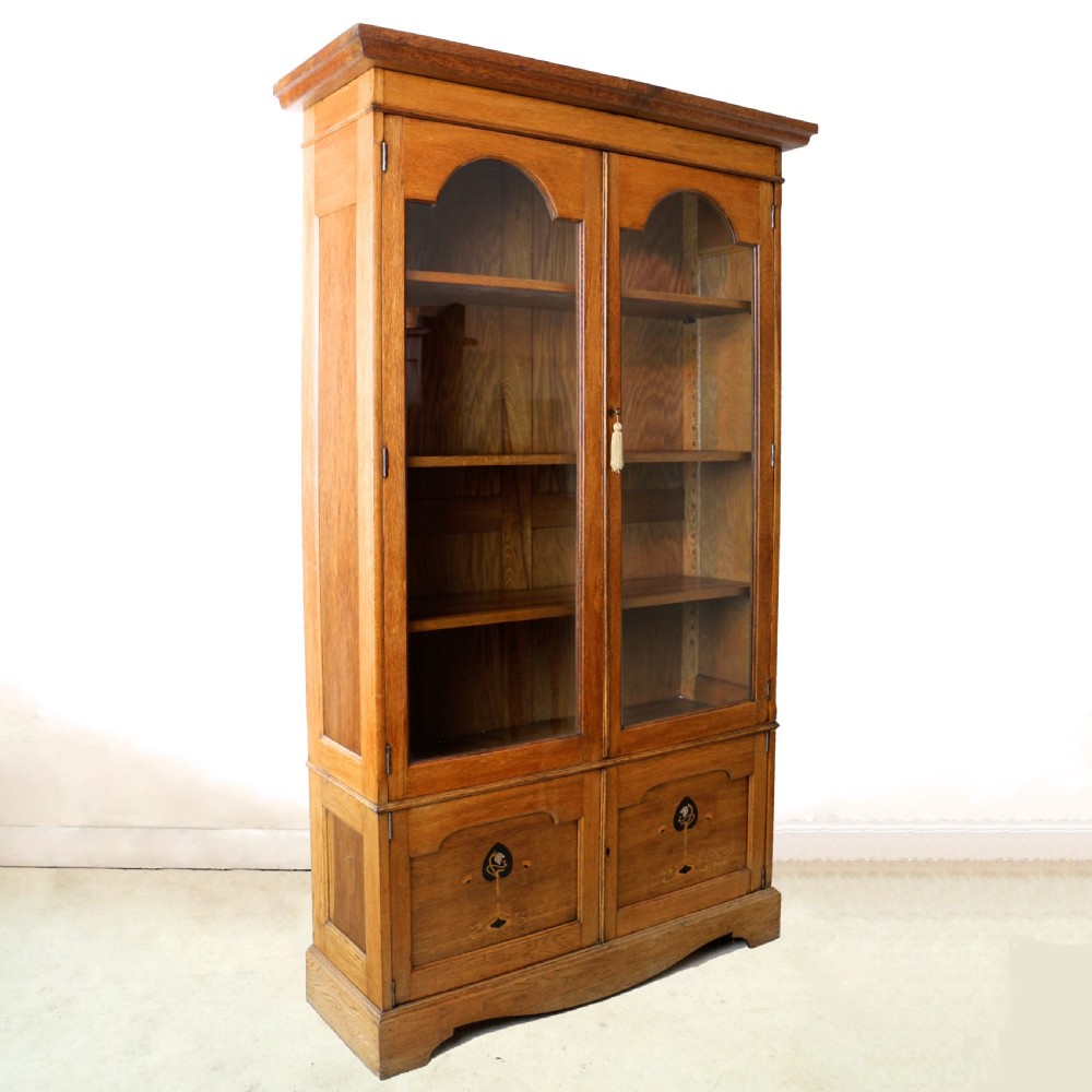 Arts & Crafts Oak Glazed Bookcase with Pewter & Ebonised Inlays View VIII