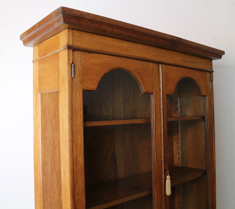 Arts & Crafts Oak Glazed Bookcase with Pewter & Ebonised Inlays View IX