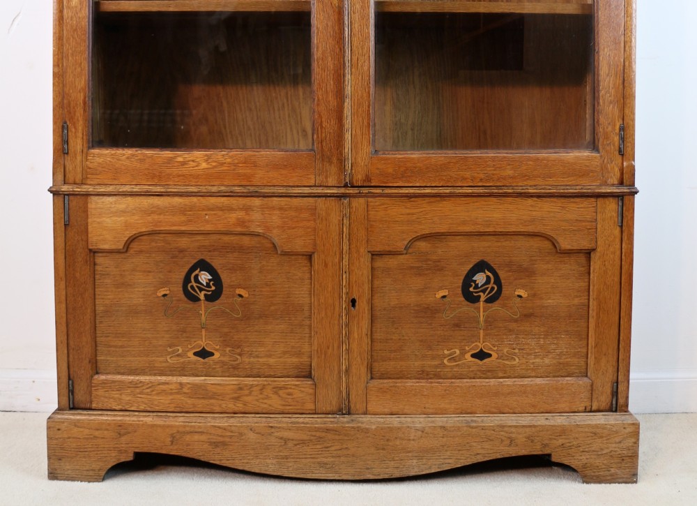 Arts & Crafts Oak Glazed Bookcase with Pewter & Ebonised Inlays View III