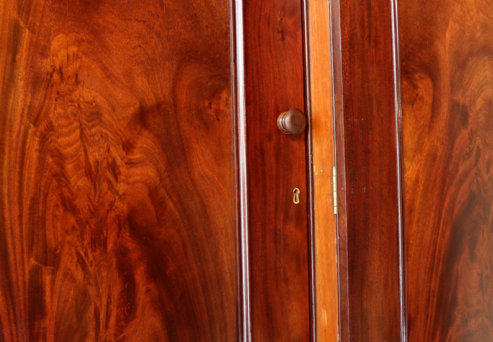 A nineteenth-century breakfront wardrobe featuring flame mahogany veneer, four arched panel doors, and a moulded projecting cornice. View XII
