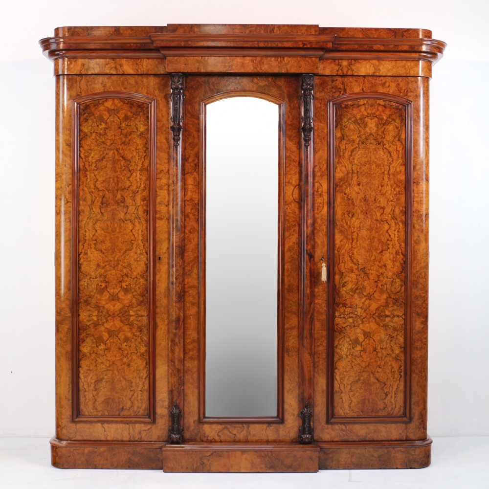 Victorian Burr Walnut Three Door Fitted Breakfront Wardrobe