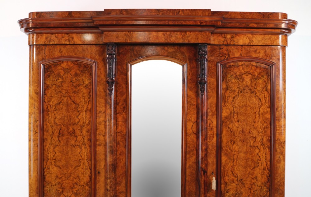 Victorian Burr Walnut Three Door Fitted Breakfront Wardrobe View VI