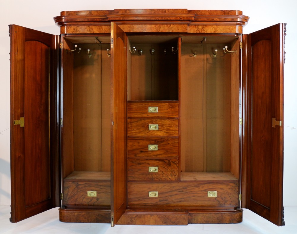 Victorian Burr Walnut Three Door Fitted Breakfront Wardrobe View XII