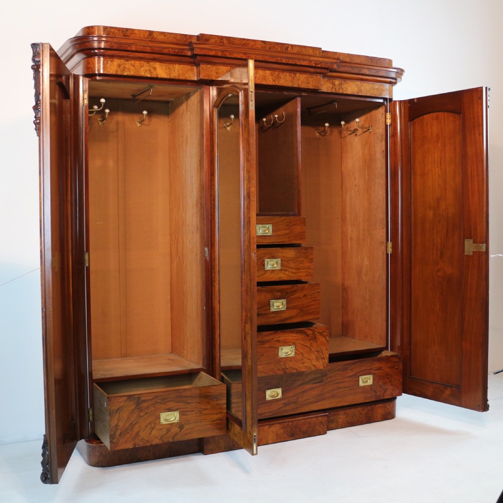 Victorian Burr Walnut Three Door Fitted Breakfront Wardrobe View XIII