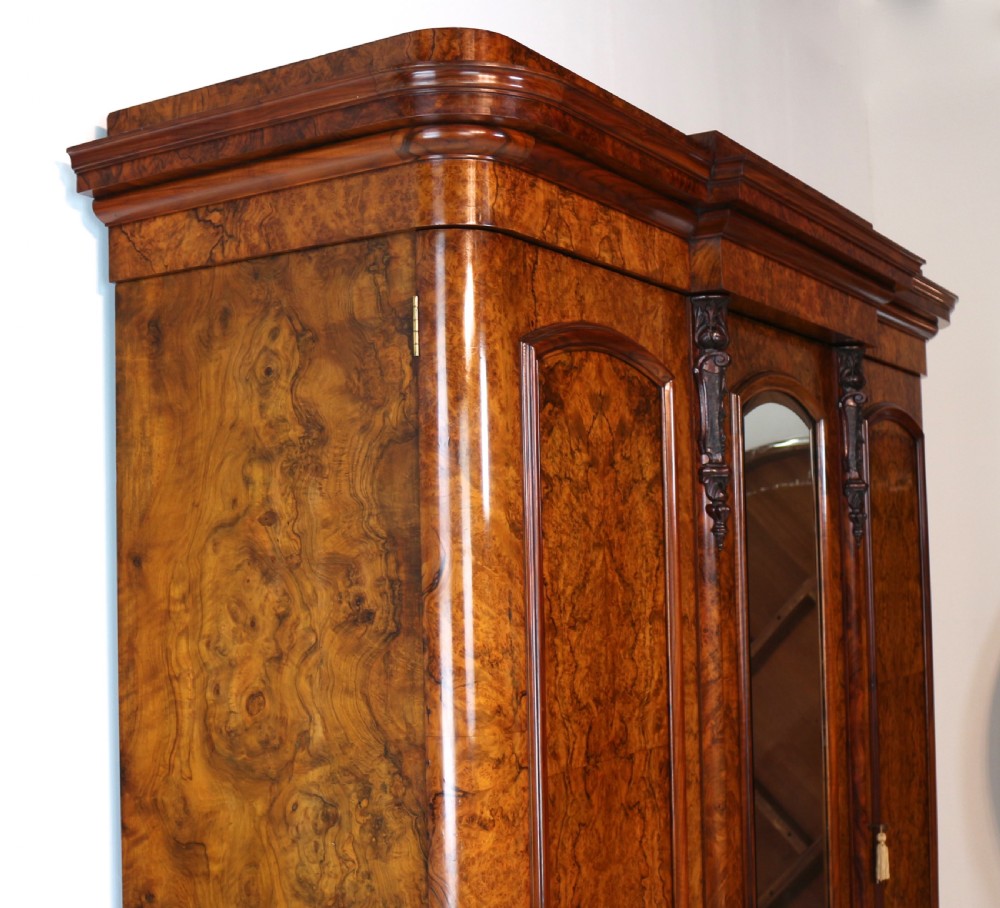 Victorian Burr Walnut Three Door Fitted Breakfront Wardrobe View XVII